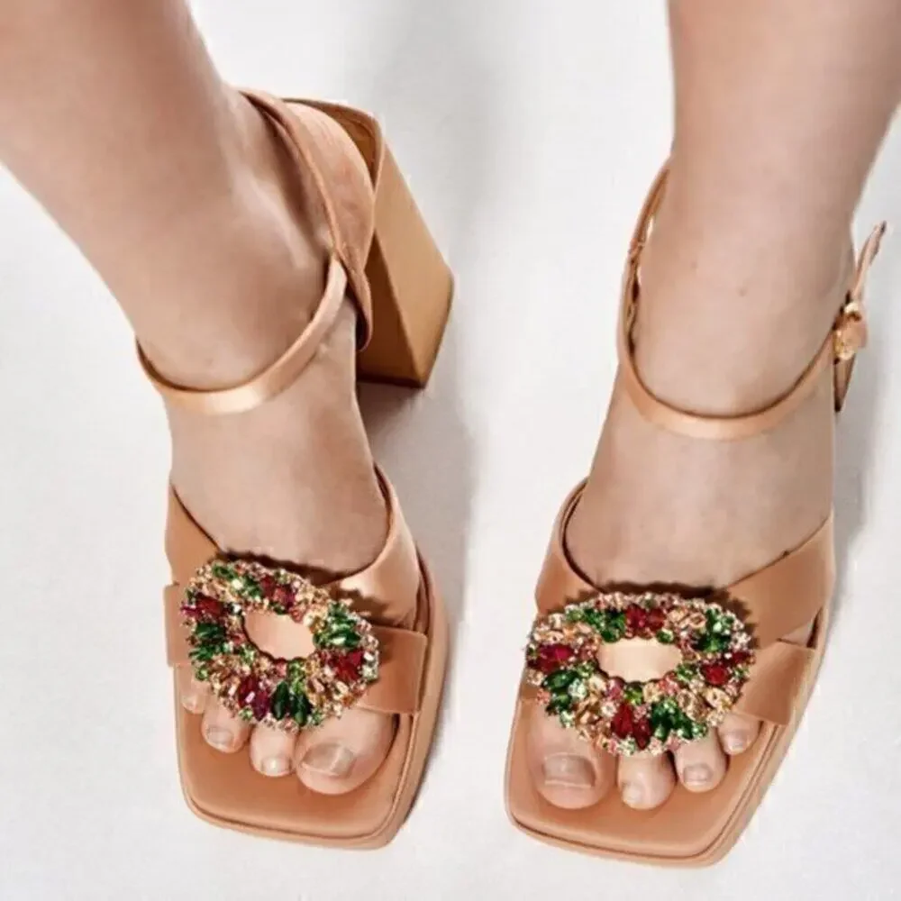 ZARA Nude Platform Block Heel Sandals Rhinestone Jewel Buckle NWT Size 8